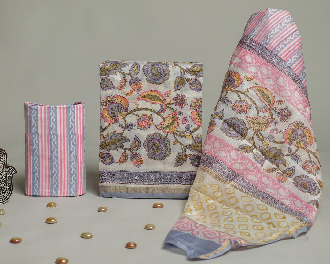 Pure Hand Block Chanderi Silk Unstitched Suit.