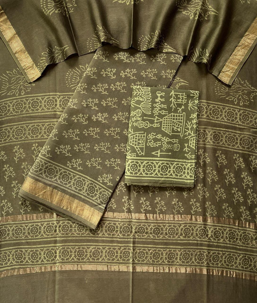 Pure Maheshwari Silk Hand block print Unstitched Suit.