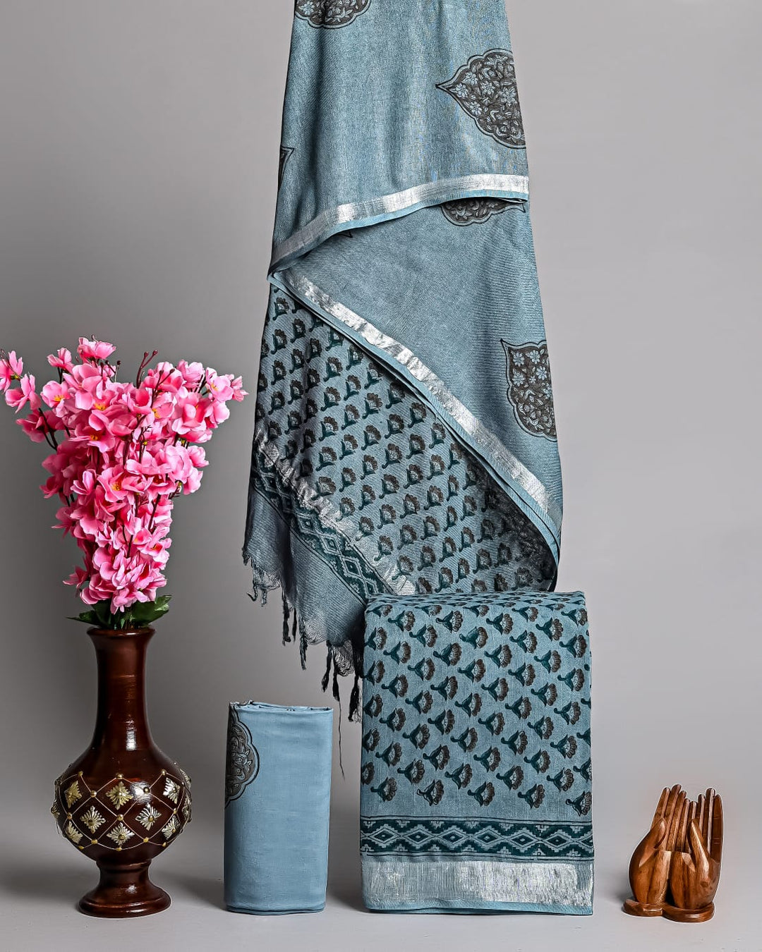 Hand Block Printed Linen Unstitched Suit .