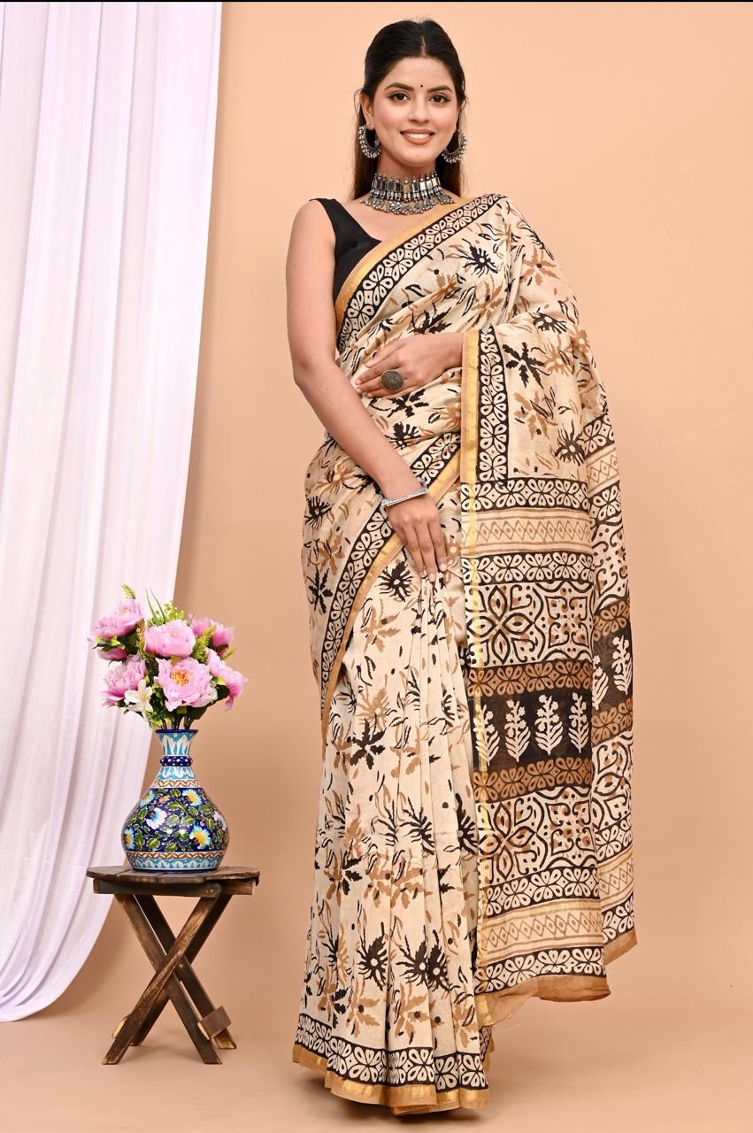 Hand Block Prninted Chanderi Saree .