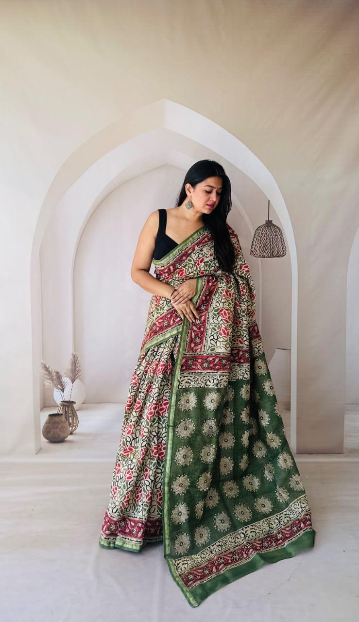 Hand Block Prninted Chanderi Saree .