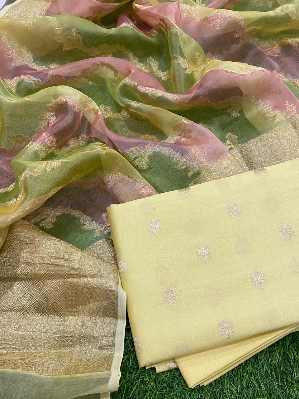 Pure Banarasi Chanderi Silk Zari Work Unstitched Suit With Banarasi Organza Rangkart Dupatta.