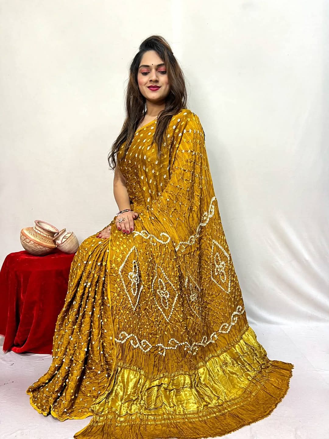 Pure Natural Dyeing Hand Block Bandhej Print Modal silk saree.