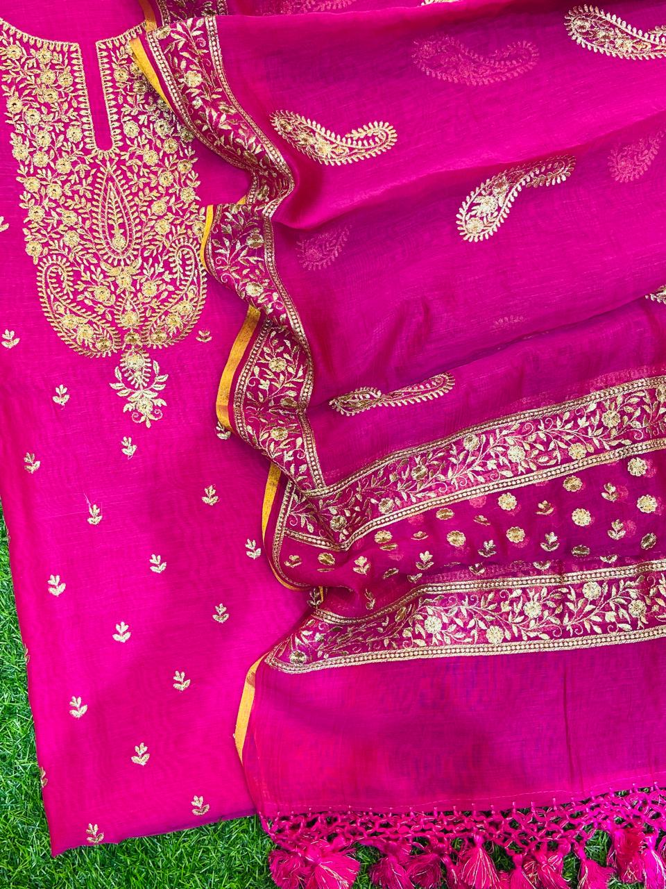Pure Banarasi Resham Mal Chanderi Silk Zari Unstitched Suit with Beautiful Neck Embroidery.