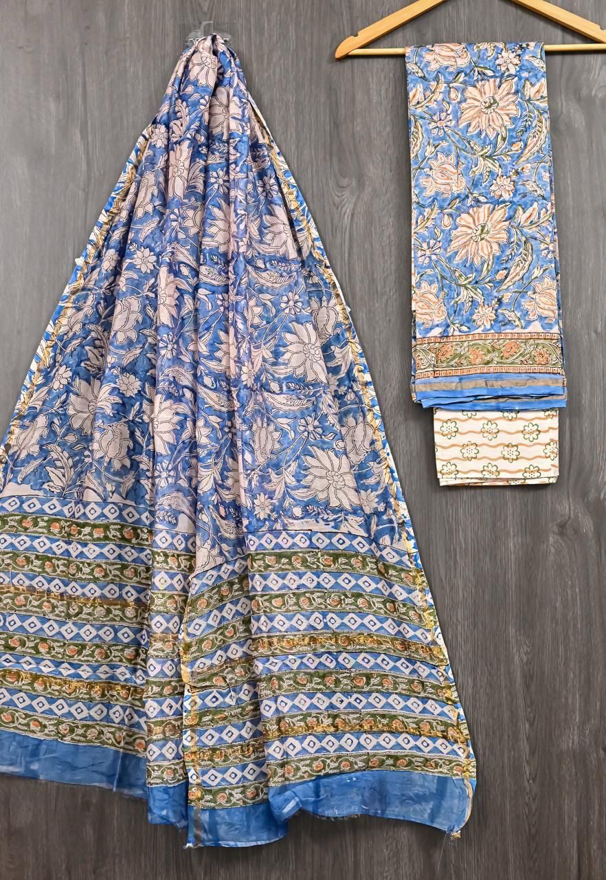 Pure Hand Block Chanderi Silk Unstitched Suit.
