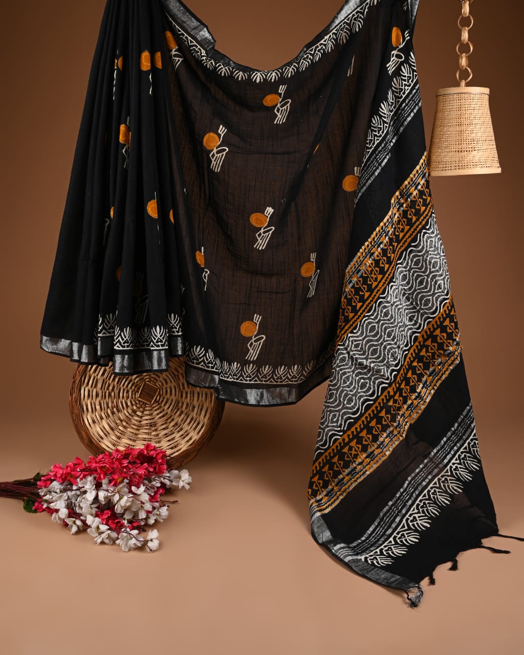 Hand Block Print Linen Saree with Blouse .