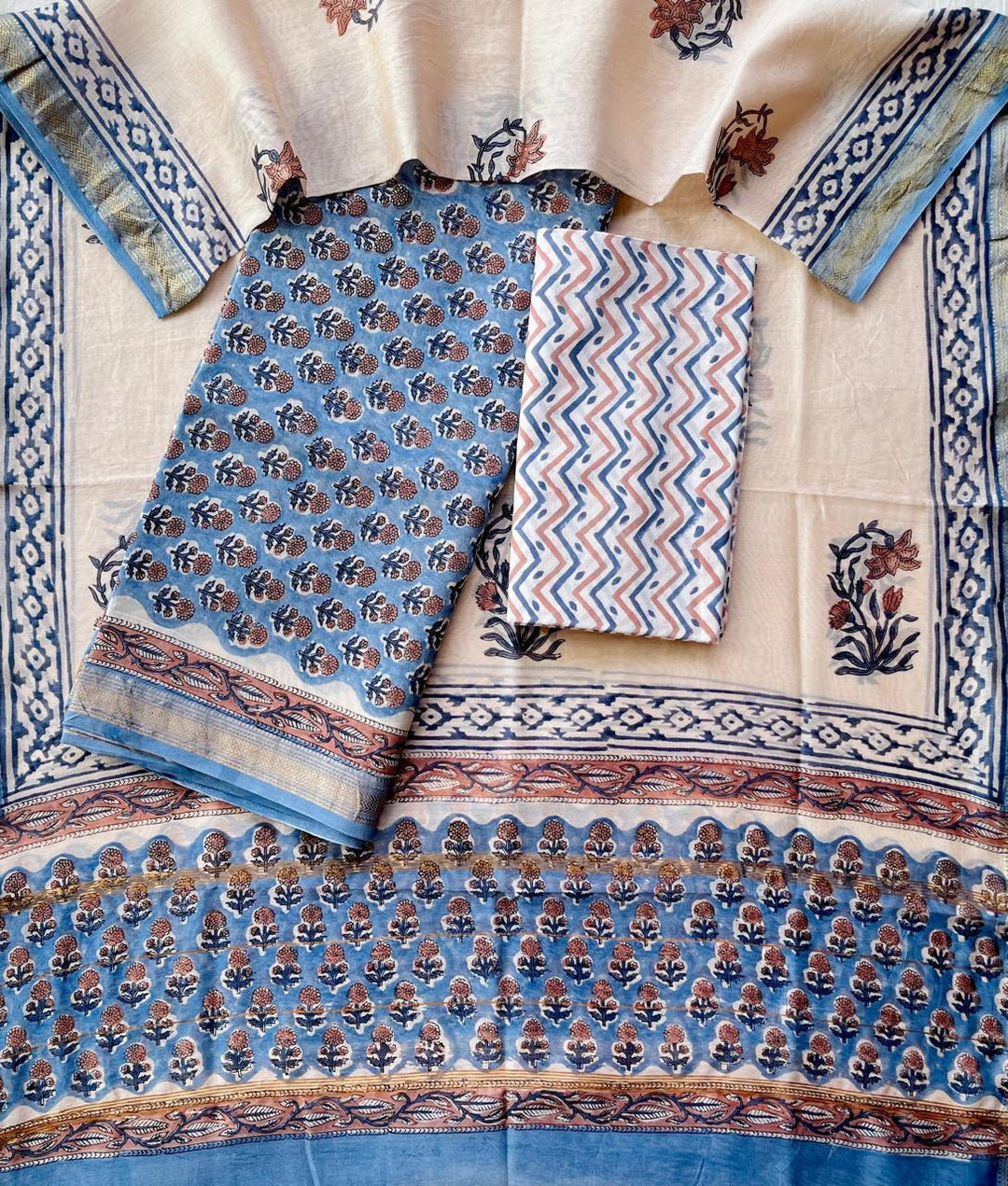 Pure Maheshwari Silk Hand block print Unstitched Suit.