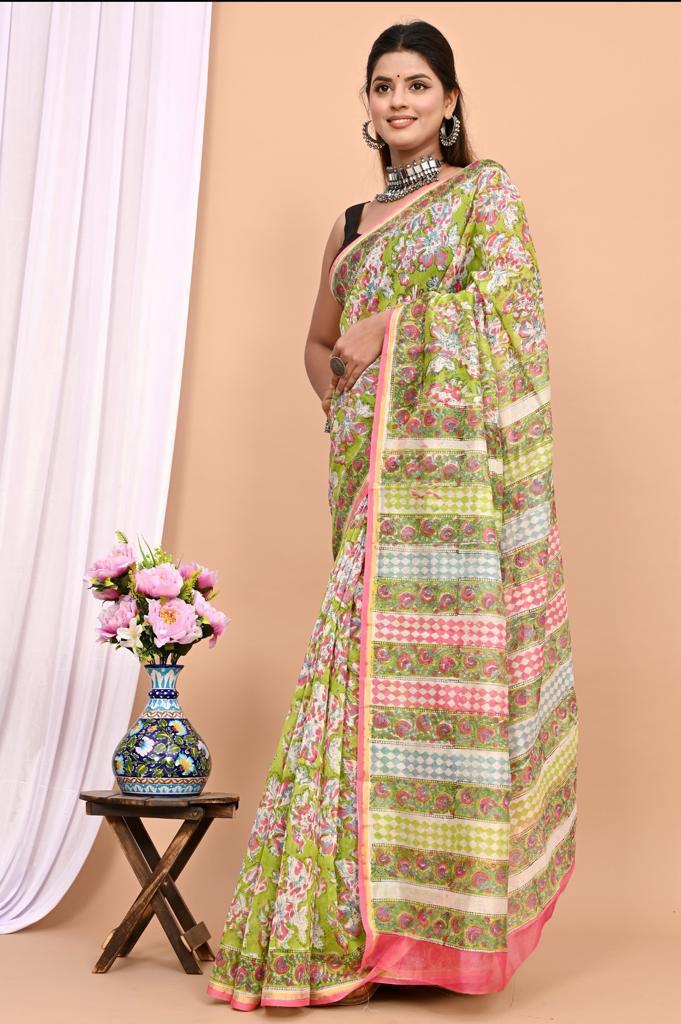 Hand Block Prninted Chanderi Saree .