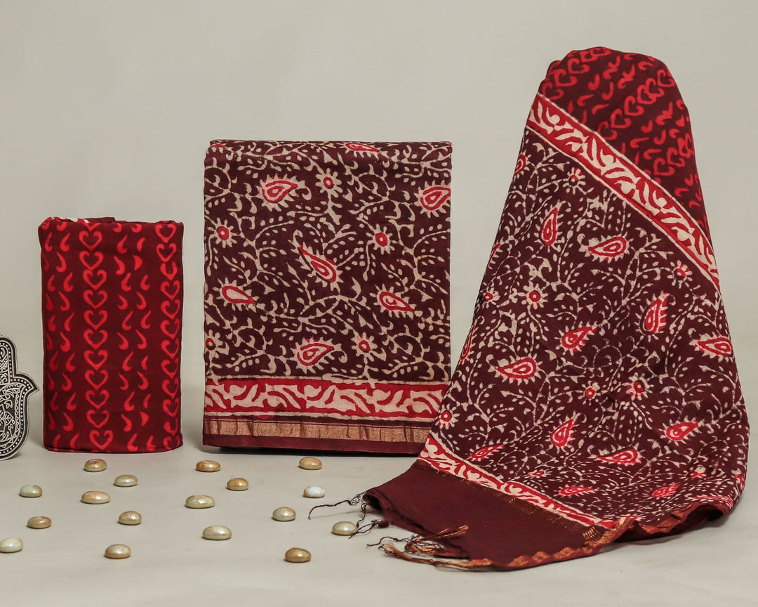 Pure Hand Block Chanderi Silk Unstitched Suit.