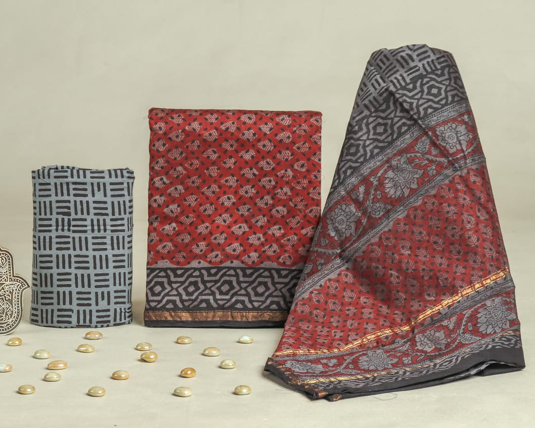 Pure Hand Block Chanderi Silk Unstitched Suit.