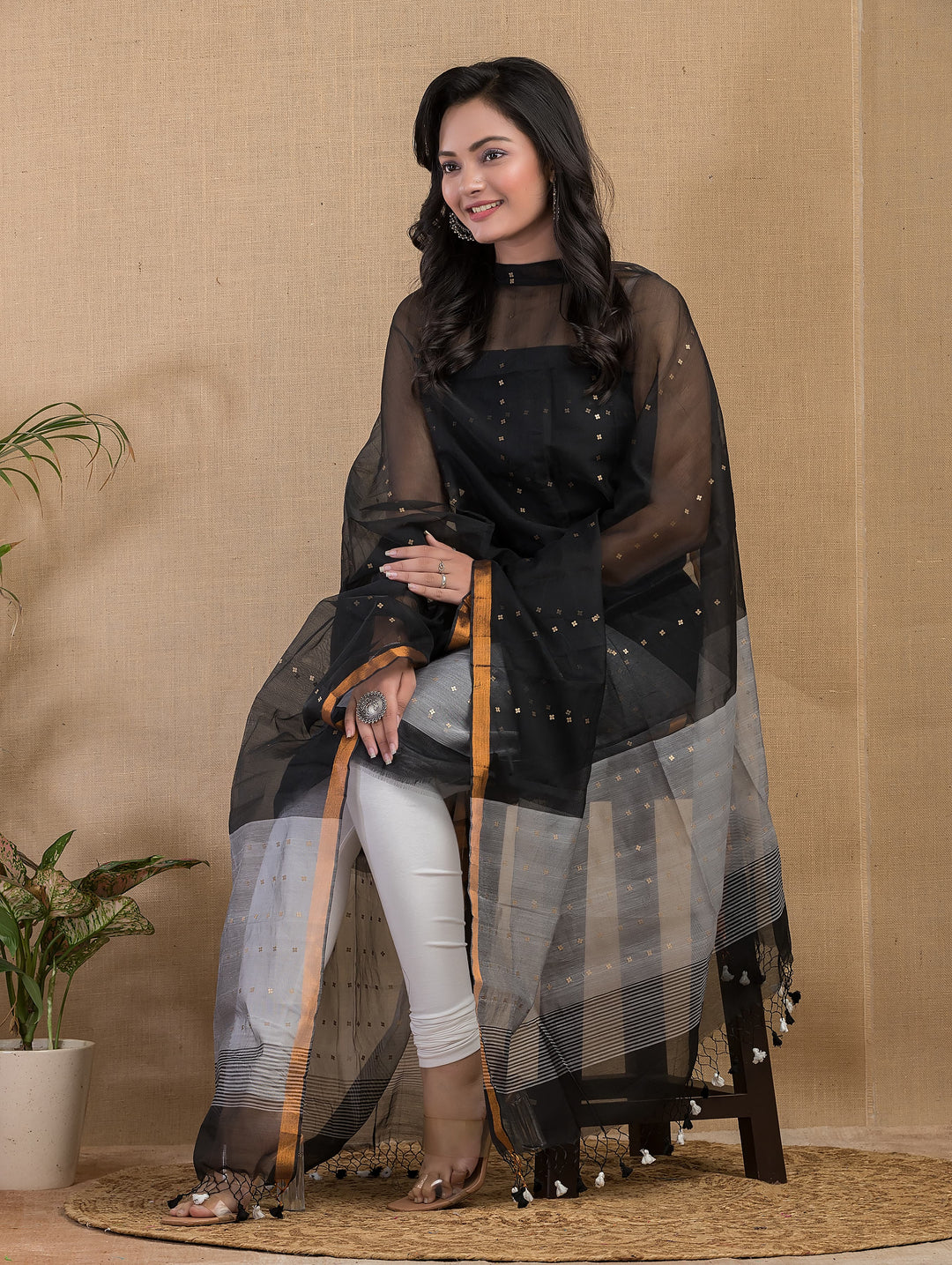 Pure Maslin silk 2PC Jamdani Sequence Handwork Unstitched Suit With Jaal net dupatta.