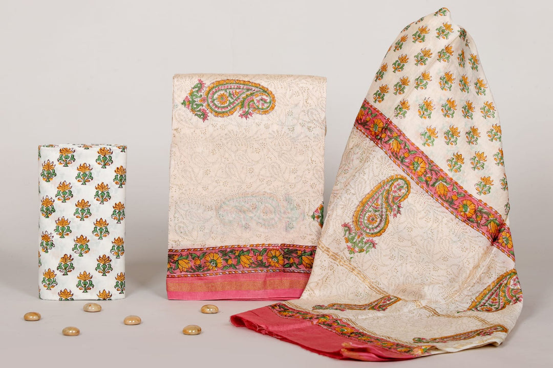 Pure Hand Block Chanderi Silk Unstitched Suit.