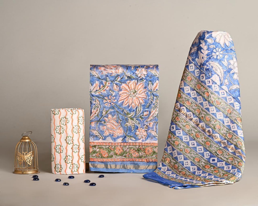 Pure Hand Block Chanderi Silk Unstitched Suit.