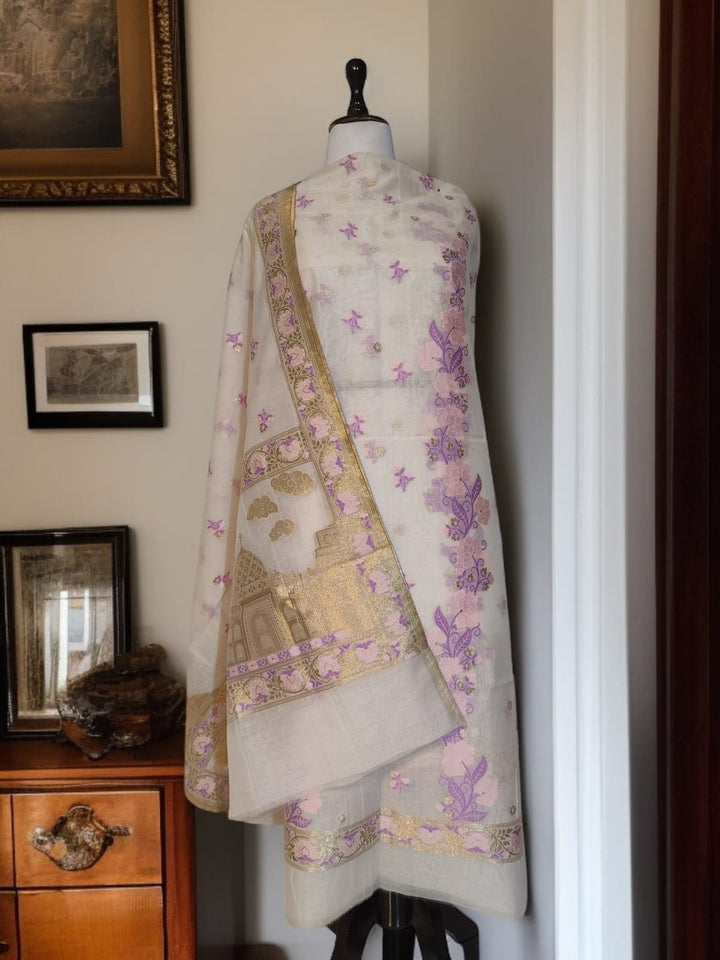 Pure Banarasi Chanderi Tilfi Work Unstitched Suit.