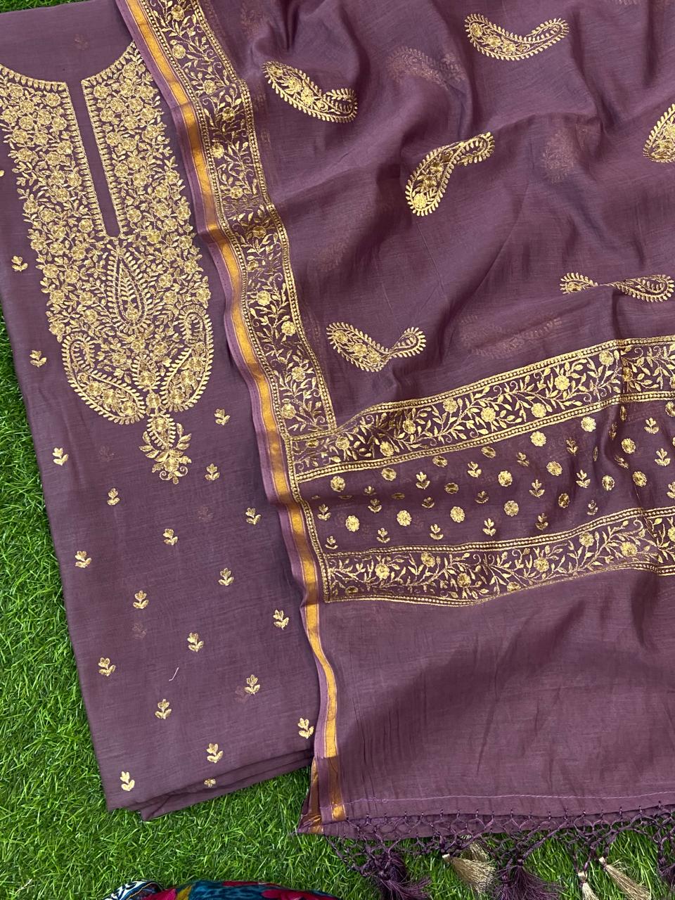 Pure Banarasi Resham Mal Chanderi Silk Zari Unstitched Suit with Beautiful Neck Embroidery.