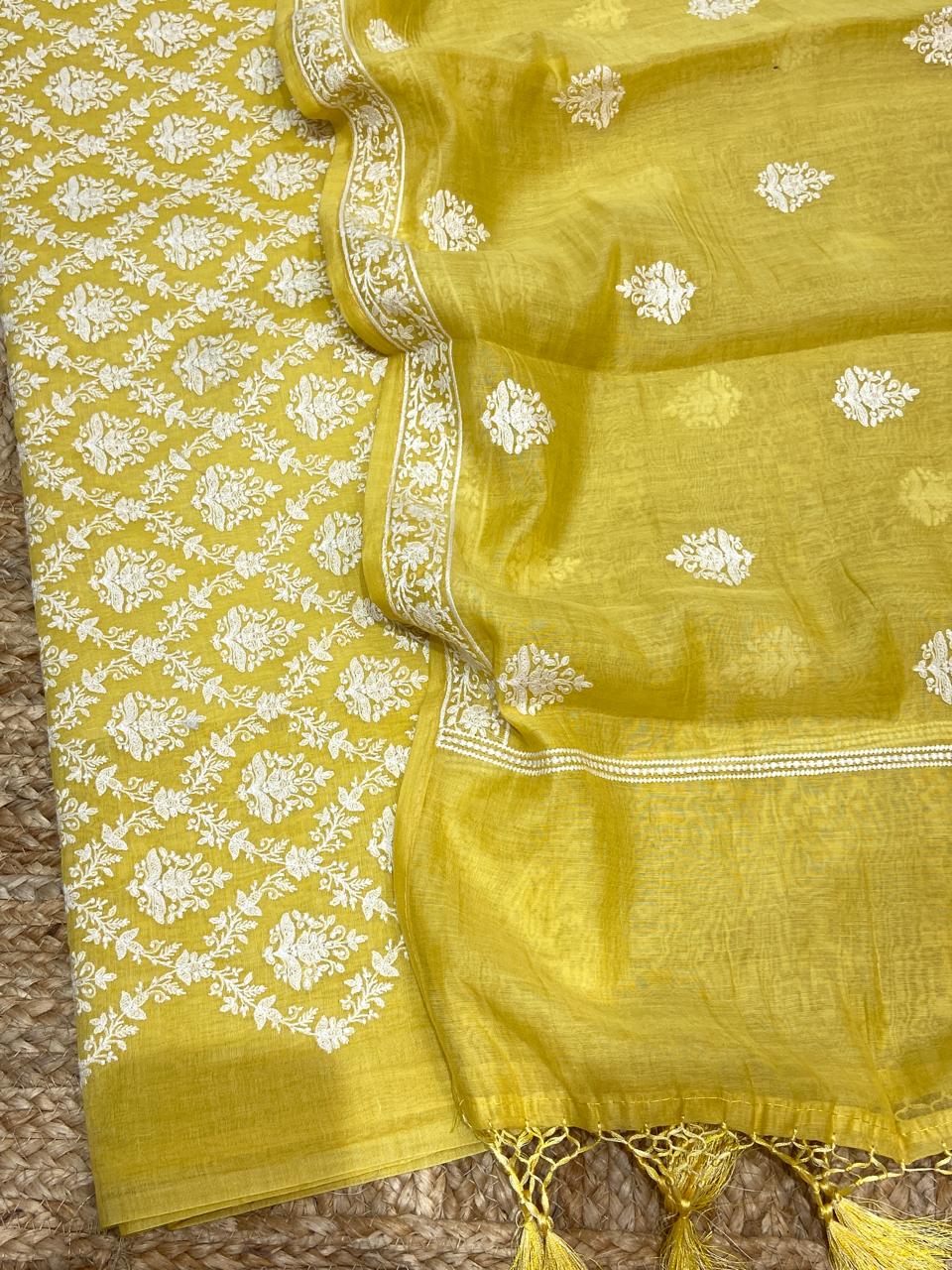 Pure Banarasi Resham Mul-mul Chanderi Embroidery Unstitched Suit .
