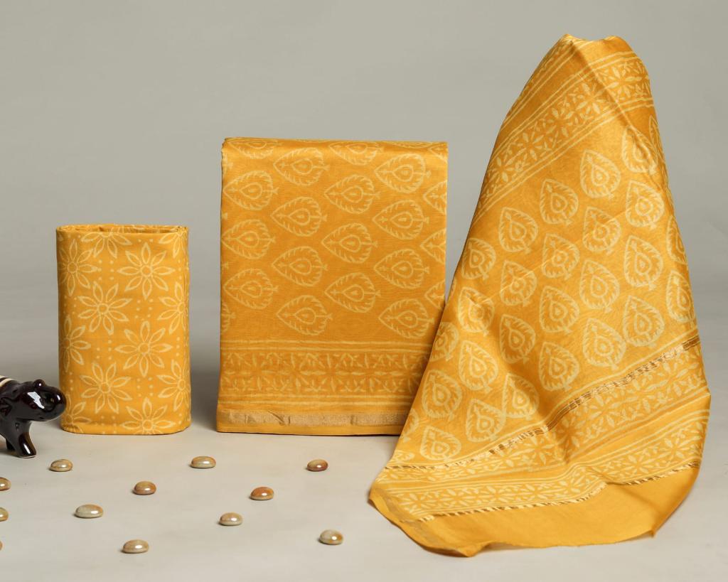 Pure Hand Block Chanderi Silk Unstitched Suit.