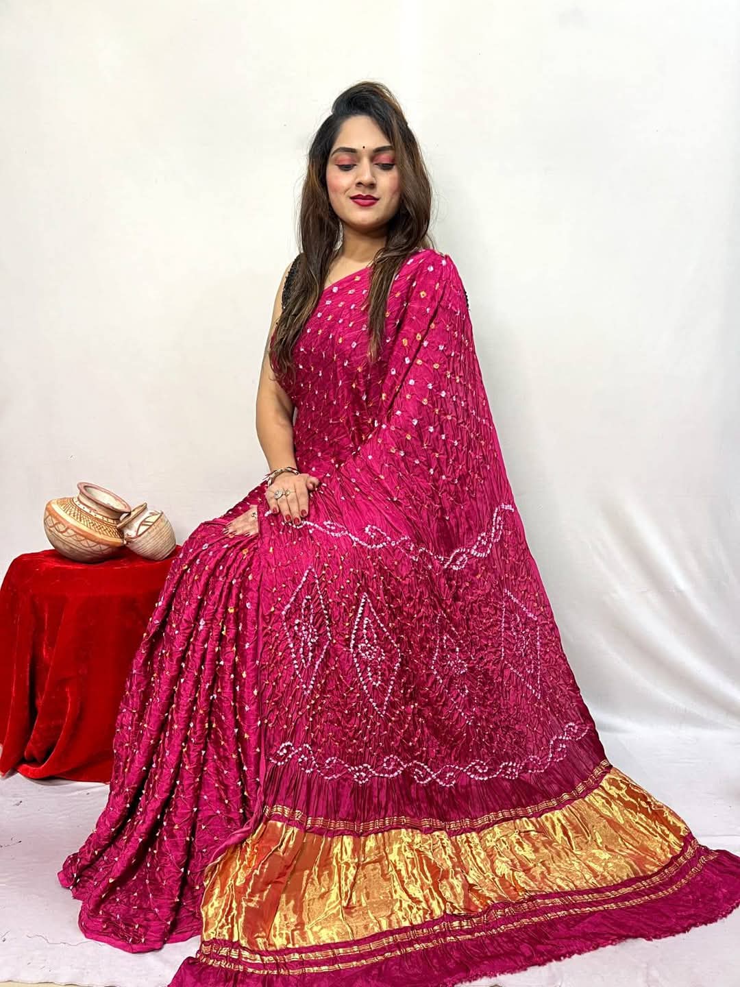 Pure Natural Dyeing Hand Block Bandhej Print Modal silk saree.