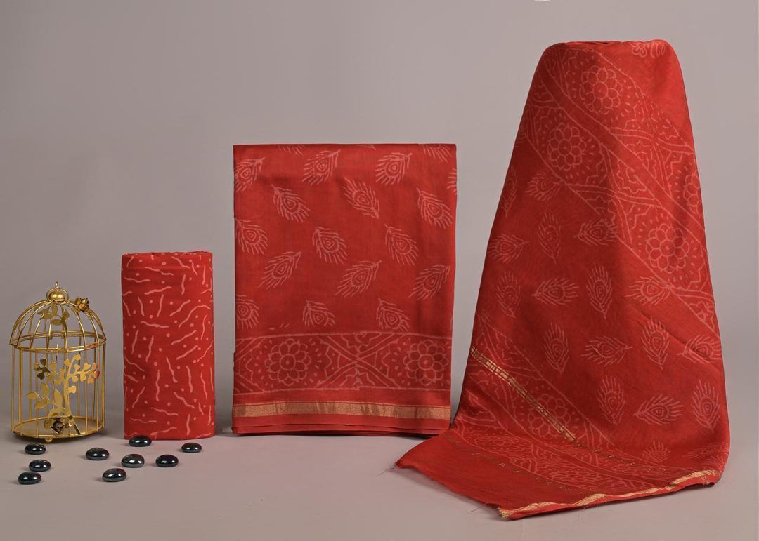 Pure Hand Block Chanderi Silk Unstitched Suit.