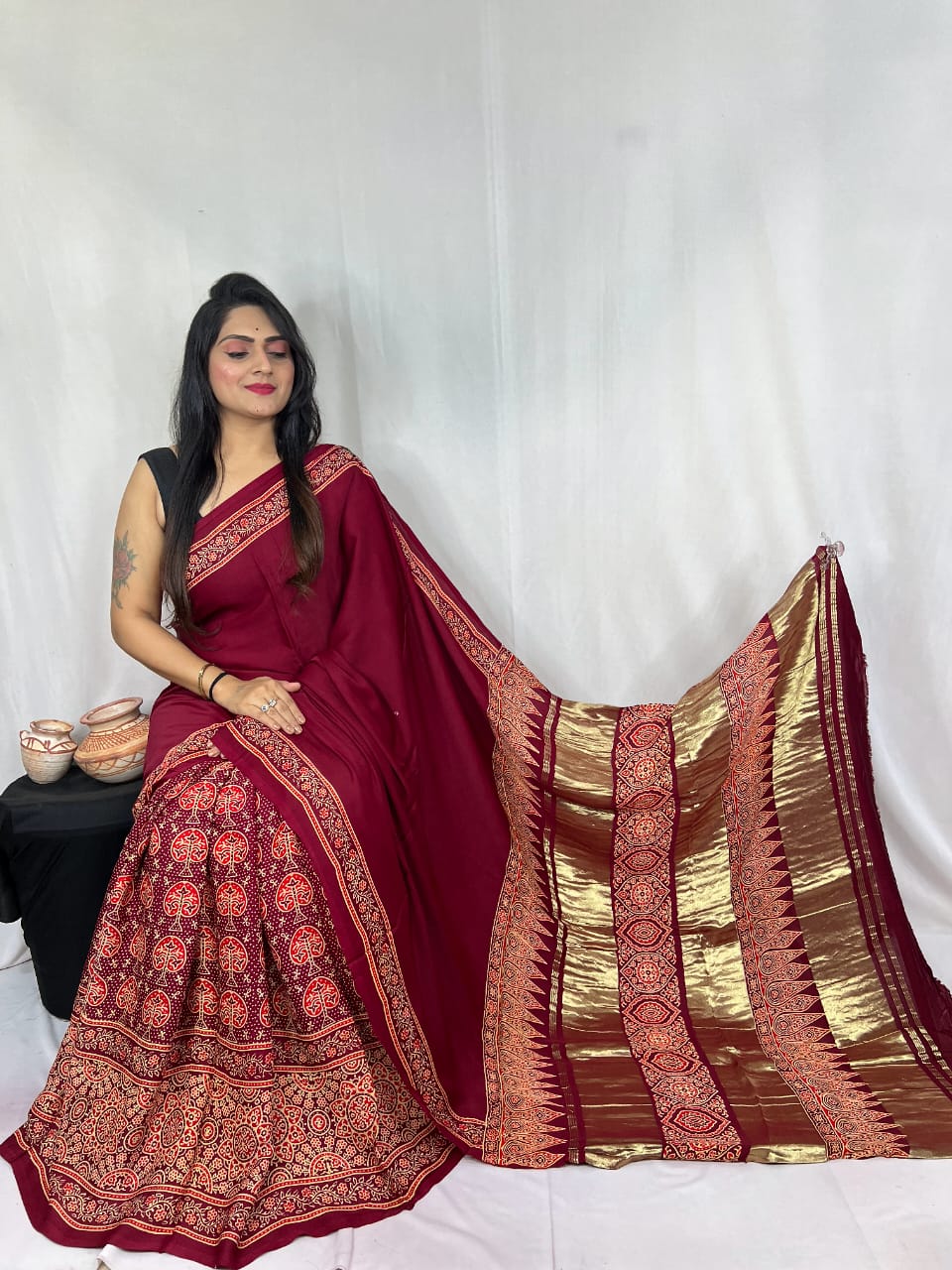 Pure Natural Dyeing Hand Block Print Modal silk saree.