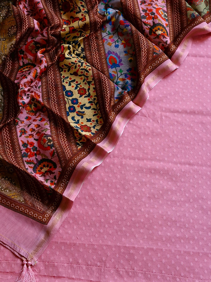 Pure Banarasi HandLoom Self Cotton Resham weaved Unstitched Suit Digital Print Chanderi Dupatta.