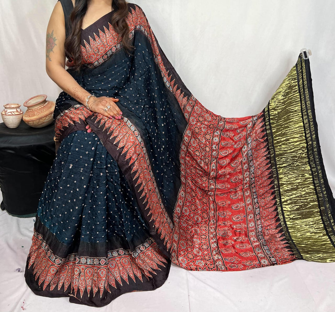 Pure Natural Dyeing Hand Block Bandhej Print Modal silk saree.