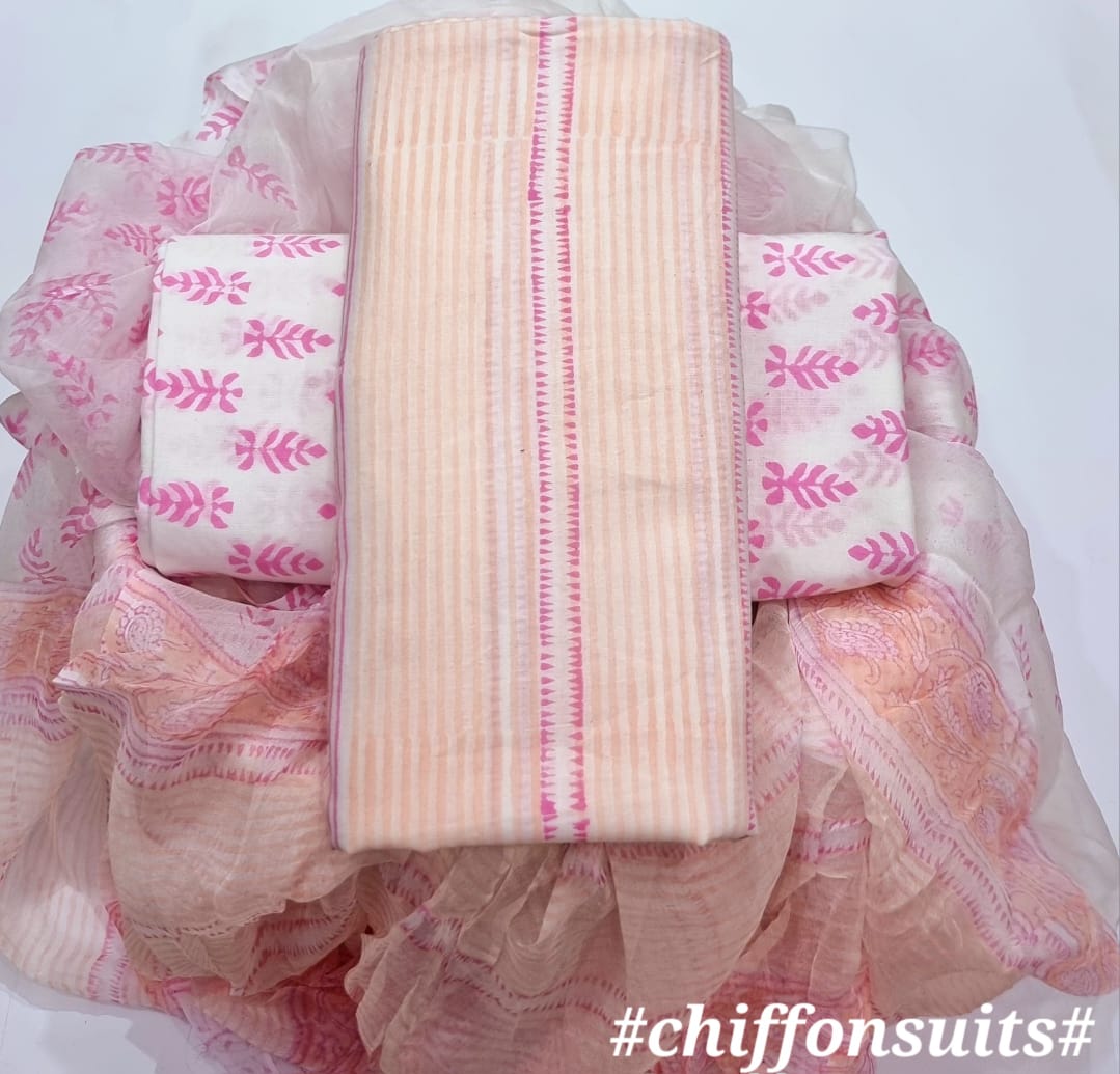 Pure Cotton Hand Block Print Unstitched Suit with chiffon dupatta .
