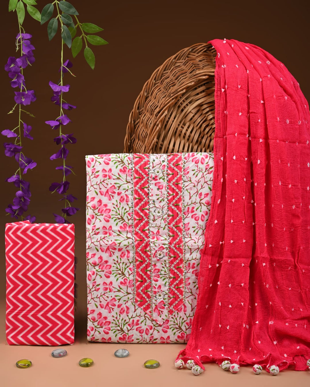 Pure Cotton Gotta patti Work unstitched Suit With Chiffon Dupatta.