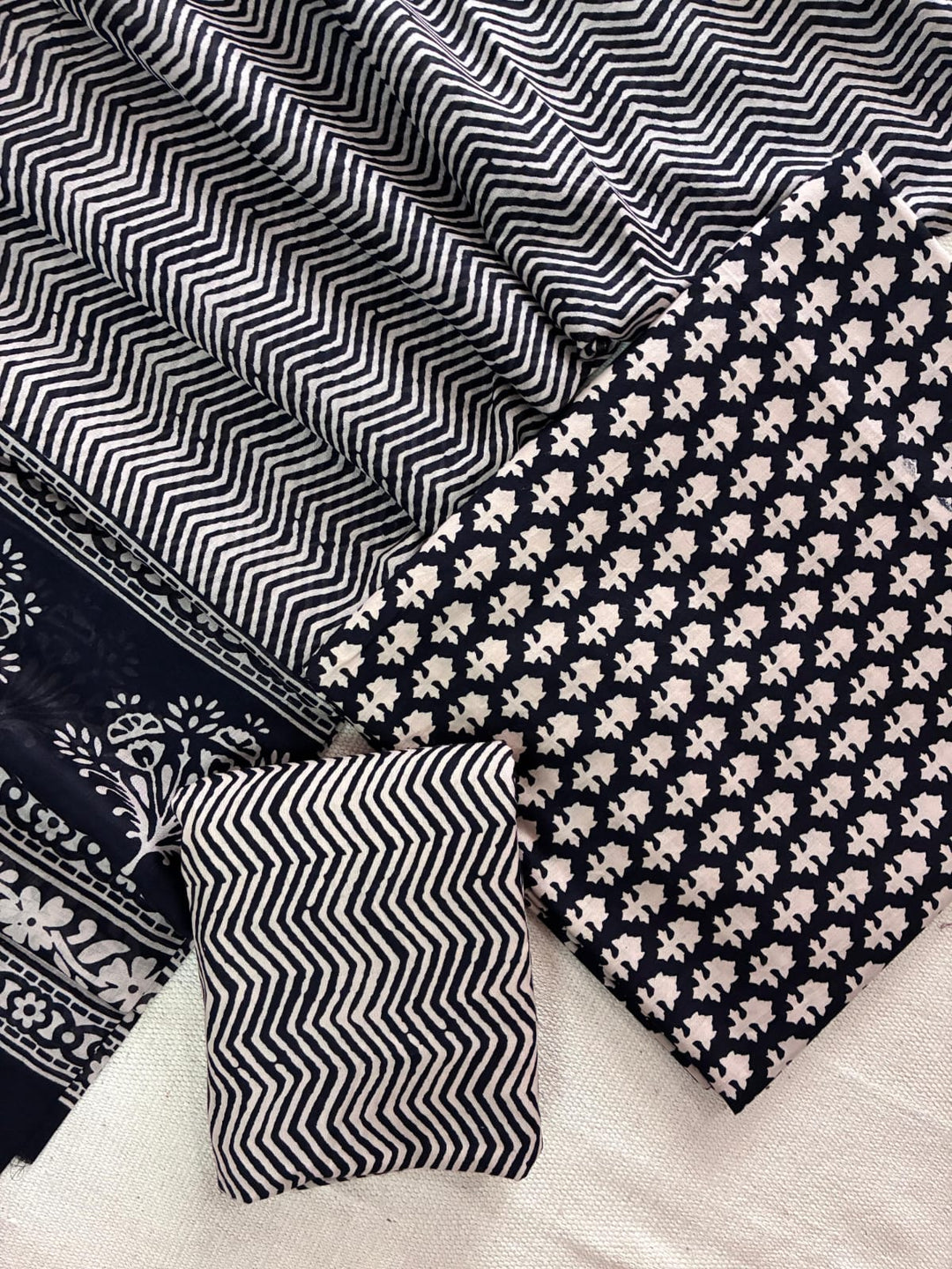 Pure Cotton Hand Block Print Unstitched Suit with Cotton Dupatta.