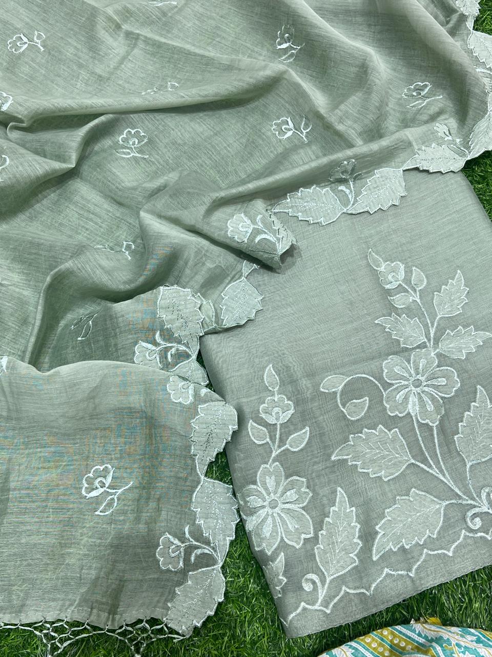 Pure Banarasi Chanderi Silk Applique Work Unstitched Suit .