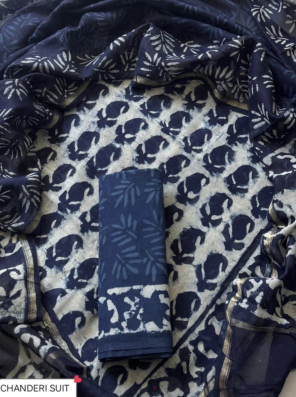 Pure Hand Block Chanderi Silk Unstitched Suit.