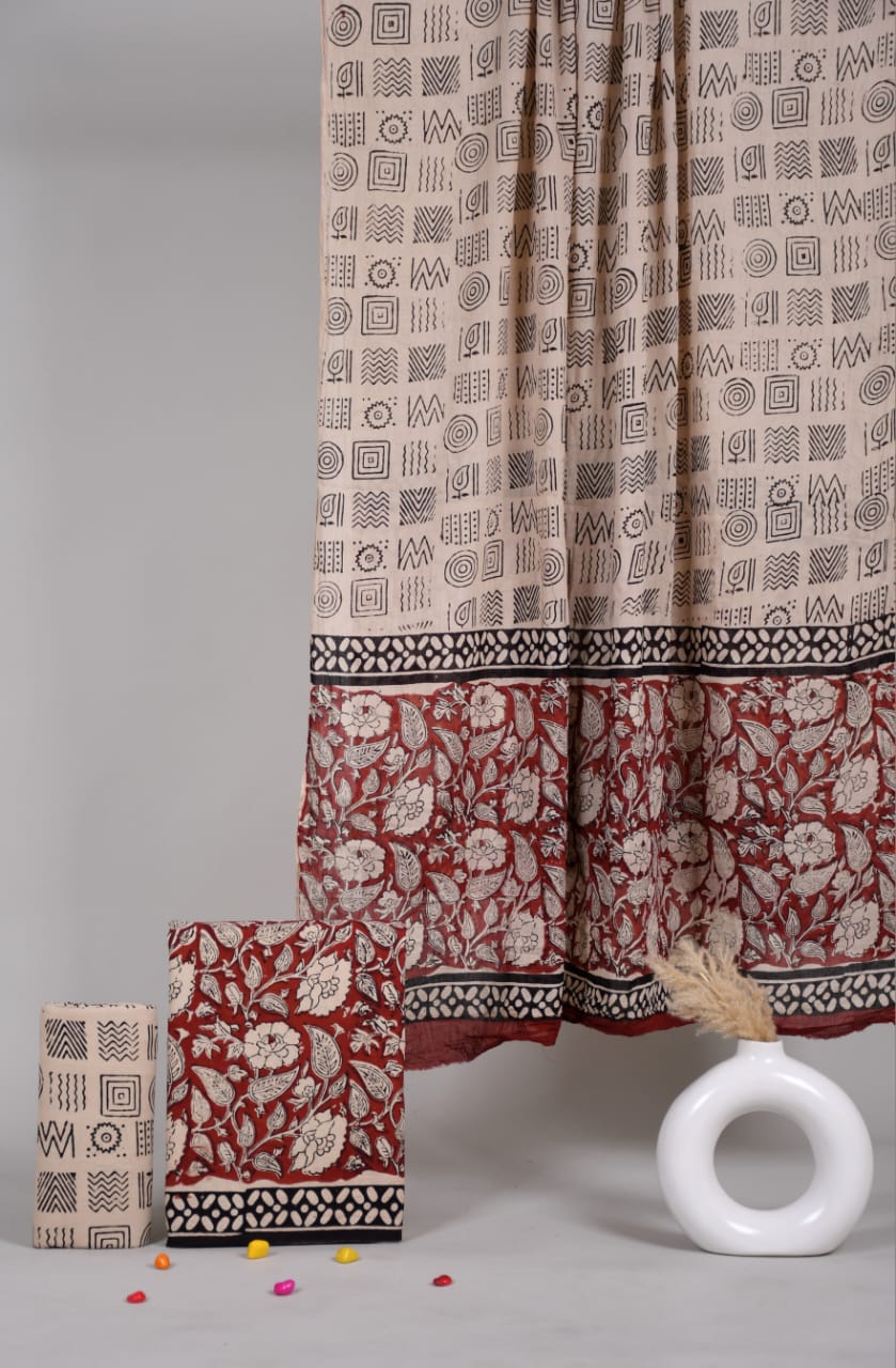 Pure Cotton Hand Block Printed Unstitched Suit Set With Cotton dupatta.