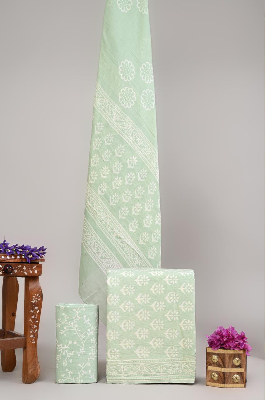 Pure Cotton Hand Block Printed Unstitched Suit Set With Cotton dupatta