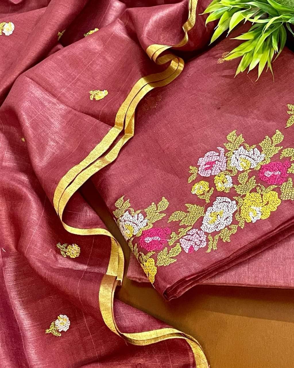 Bhagalpuri Slub Linen Embroidery Unstitched suit.