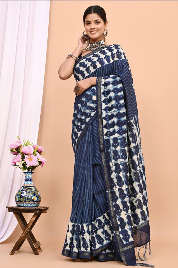 Hand Block Prninted Chanderi Saree .