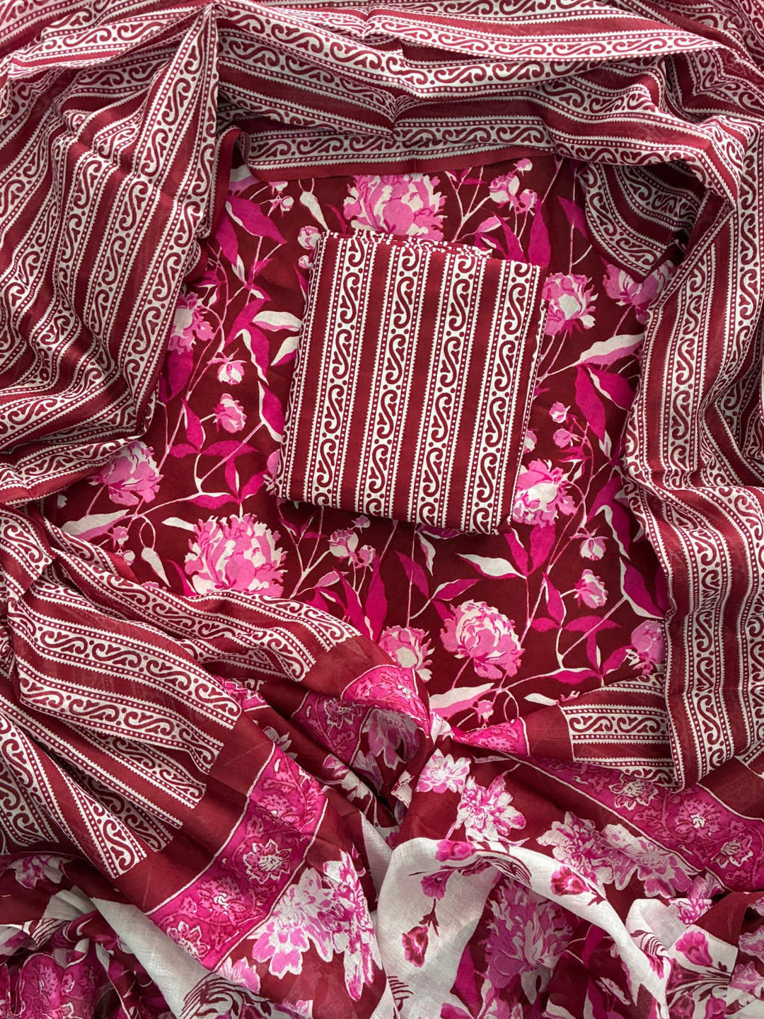 Pure Cotton Hand Block Print Unstitched Suit with Cotton Dupatta.