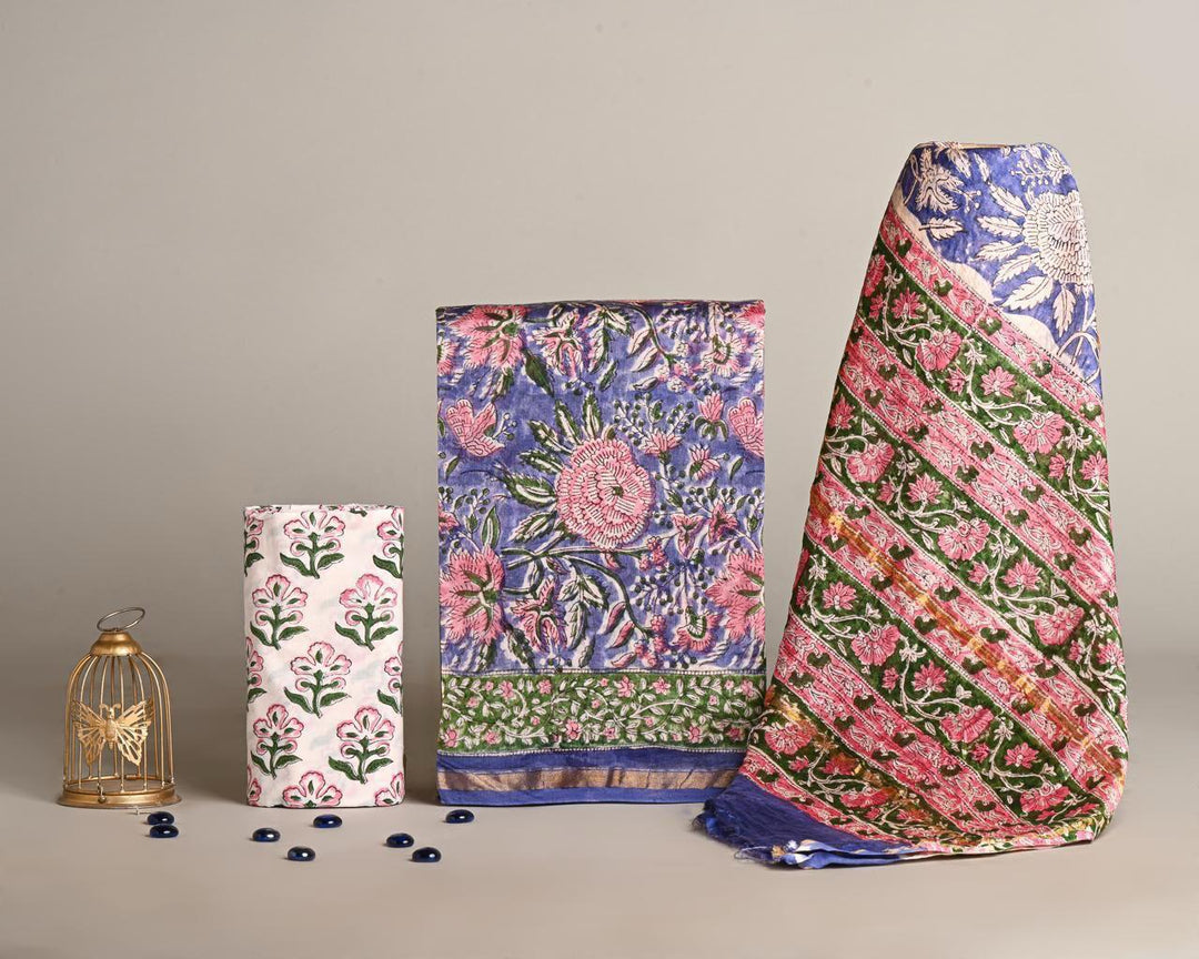 Pure Hand Block Chanderi Silk Unstitched Suit.