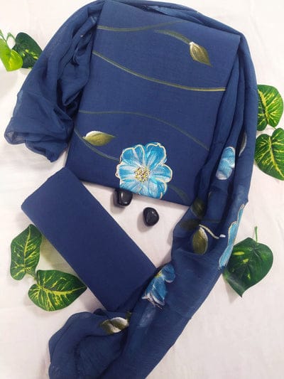 Pure Cotton Hand Block Print Unstitched Suit with chiffon dupatta