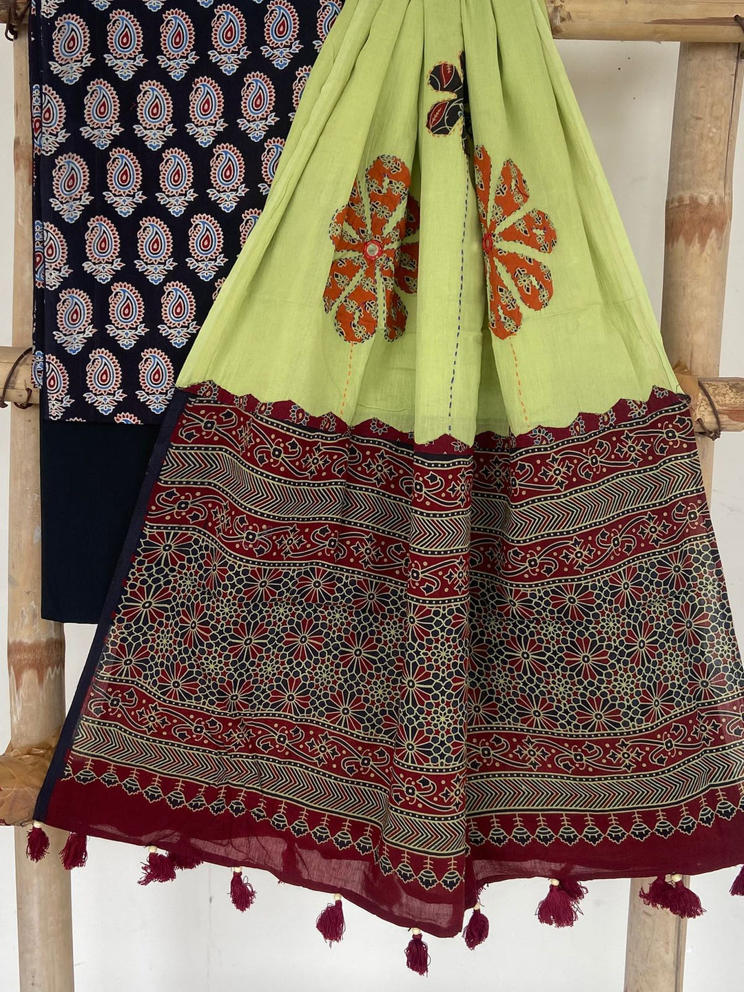 Pure Cotton Azrakh Print Unstitched suit Whit Patch Work Dupatta .