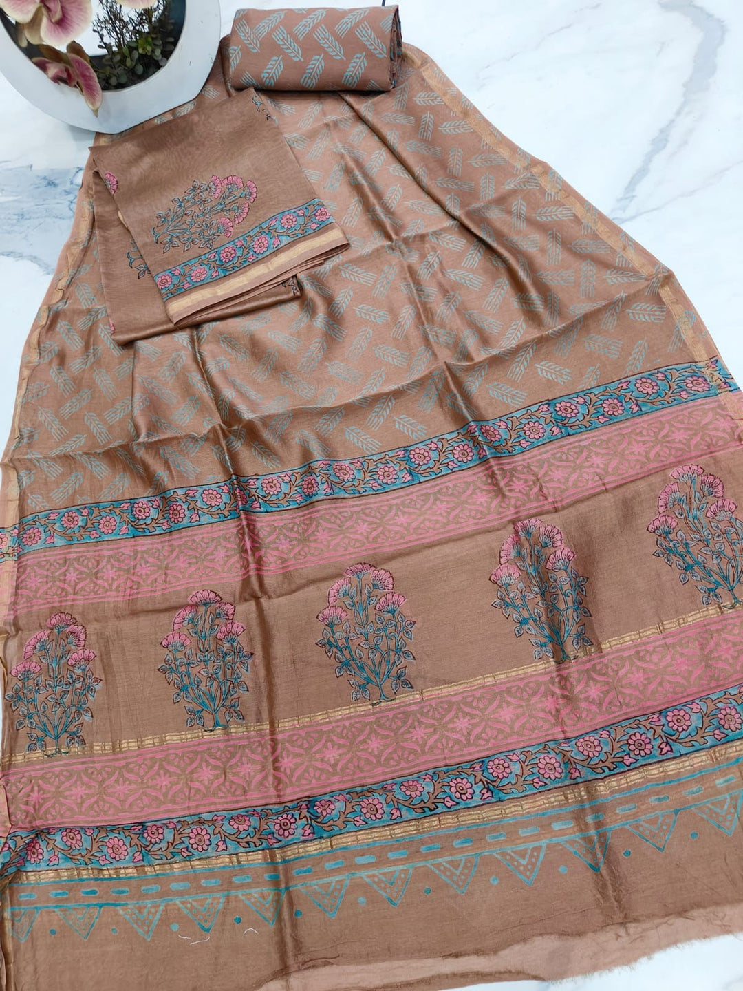 Pure Hand Block Chanderi Silk Unstitched Suit .