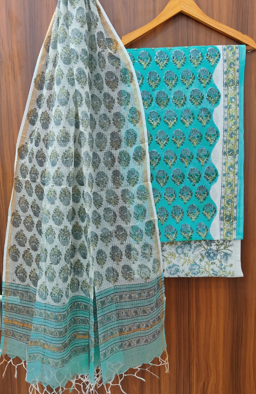 Pure Cotton Hand block print Unstitched Suit with Kota Dupatta .
