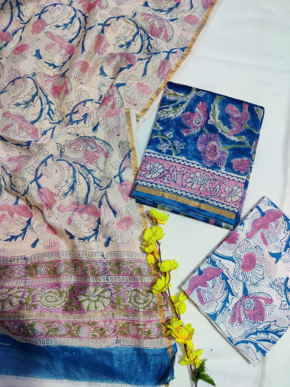 Pure Hand Block Chanderi Silk Unstitched Suit.