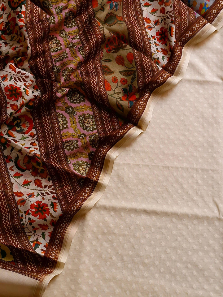 Pure Banarasi HandLoom Self Cotton Resham weaved Unstitched Suit Digital Print Chanderi Dupatta.