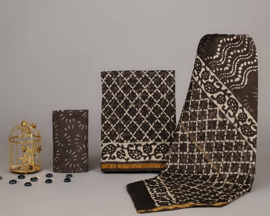 Pure Hand Block Chanderi Silk Unstitched Suit.