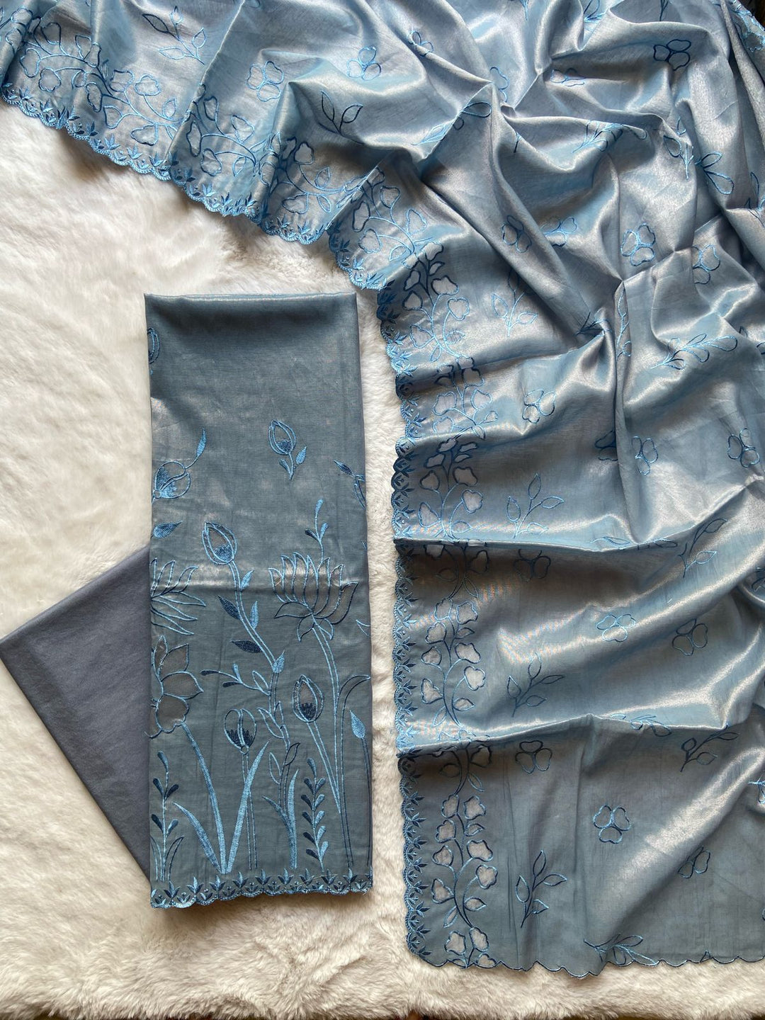 Pure Banarasi Cotton Tissue Applique Work Unstitched Suit .