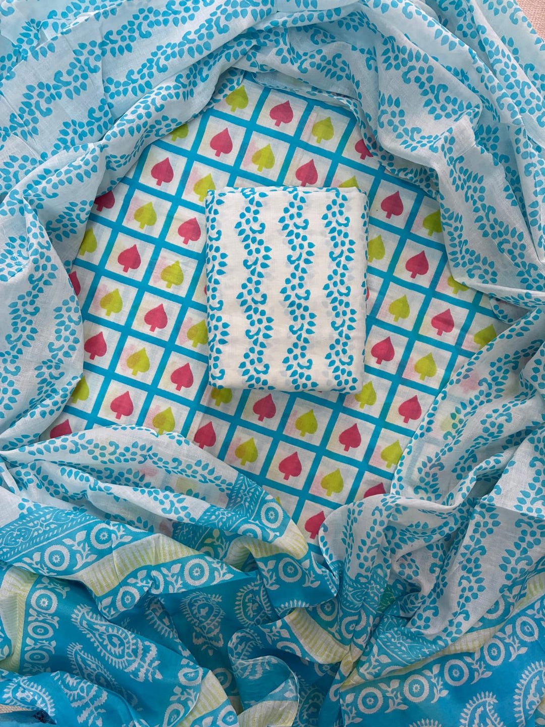 Pure Cotton Hand Block Print Unstitched Suit with Cotton Dupatta.