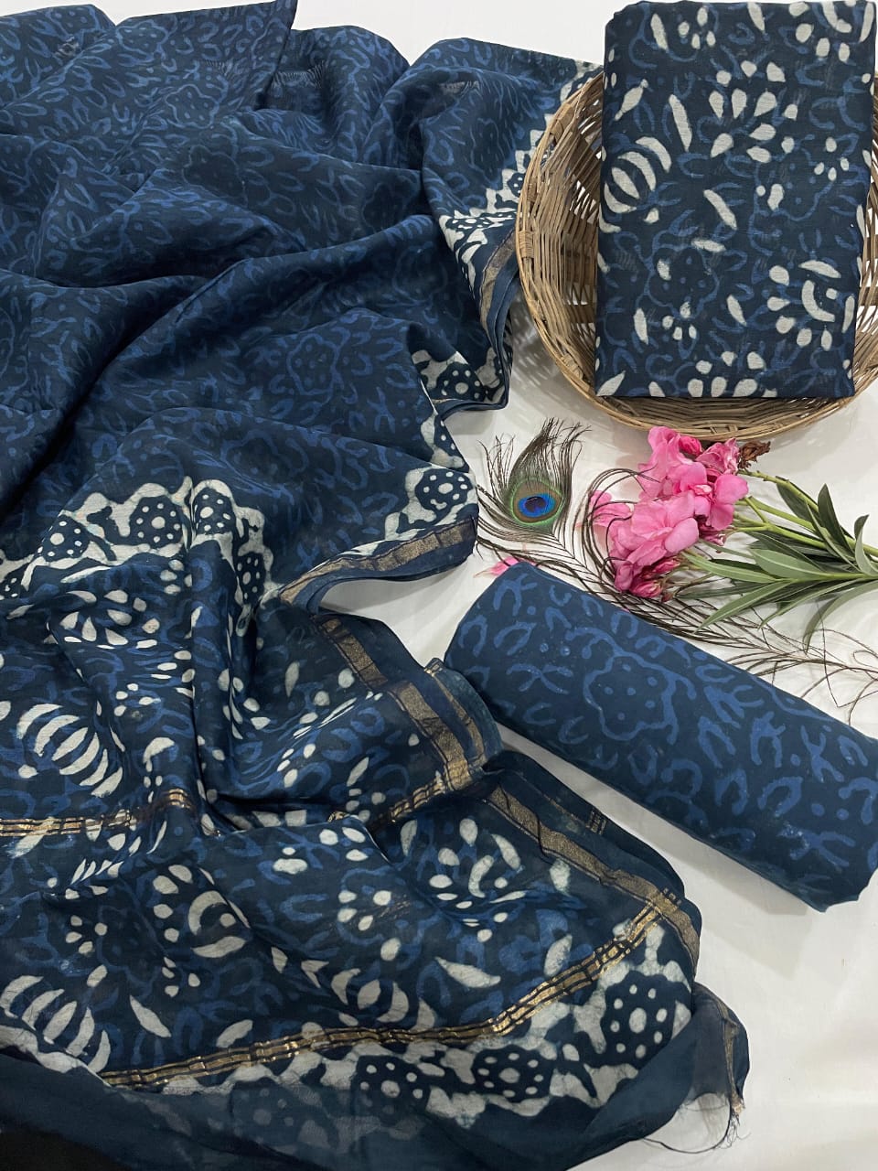 Pure Hand Block Chanderi Silk Unstitched Suit.