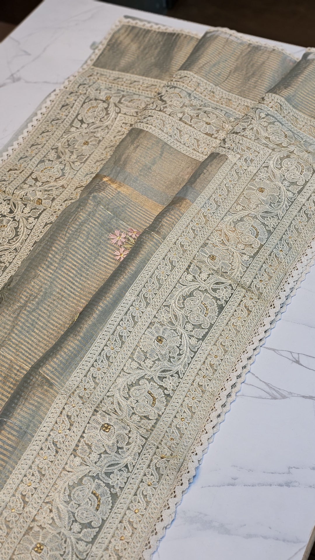Pure Organza Stripes Embroidery Border Work Saree.