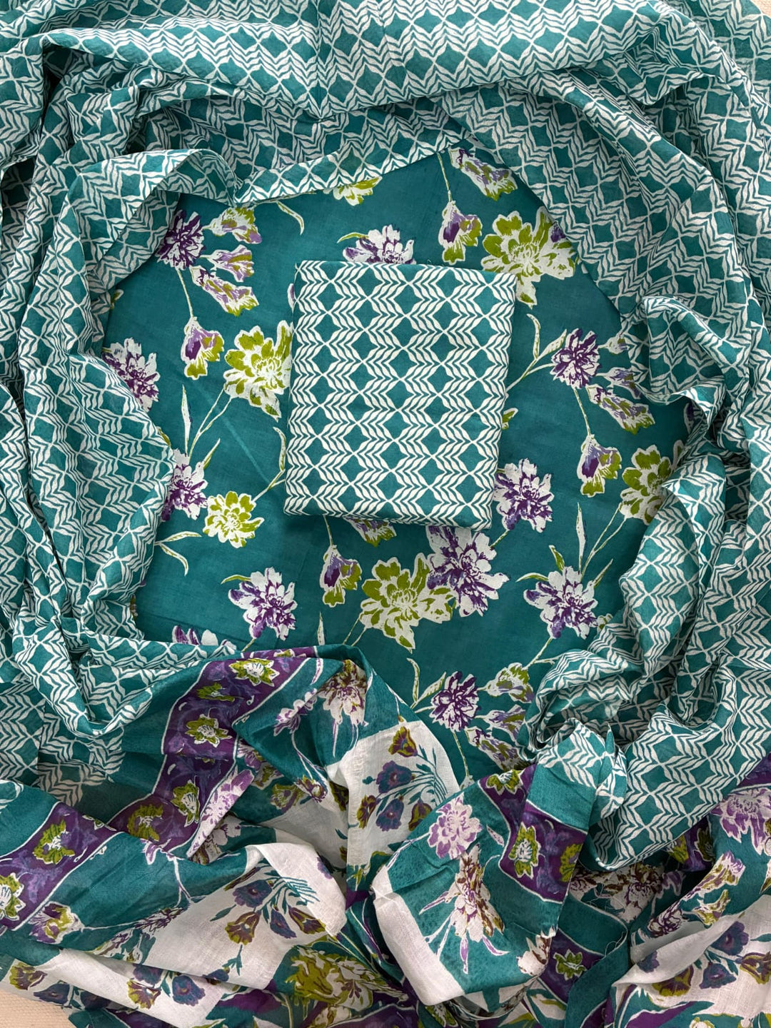 Pure Cotton Hand Block Print Unstitched Suit with Cotton Dupatta.