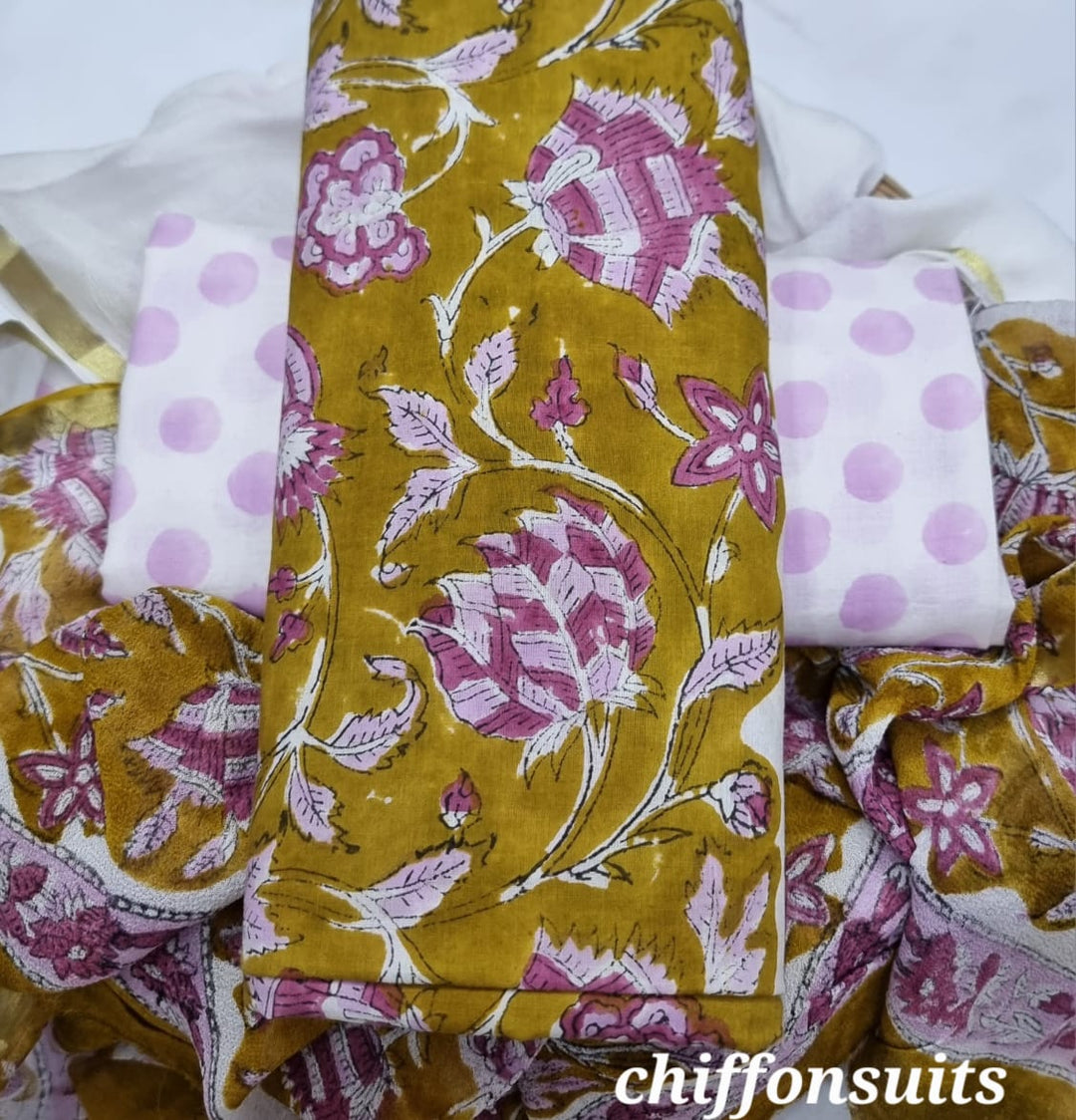 Pure Cotton Hand Block Print Unstitched Suit with chiffon dupatta .